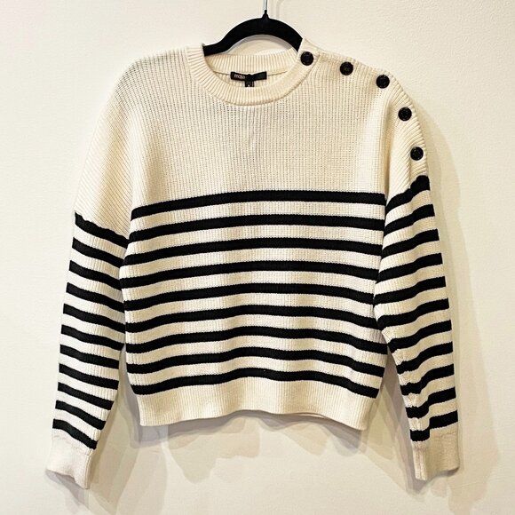 New Maje Marino Breton Stripe Button Shoulder Sweater White Black M​ $295 - Picture 4 of 9